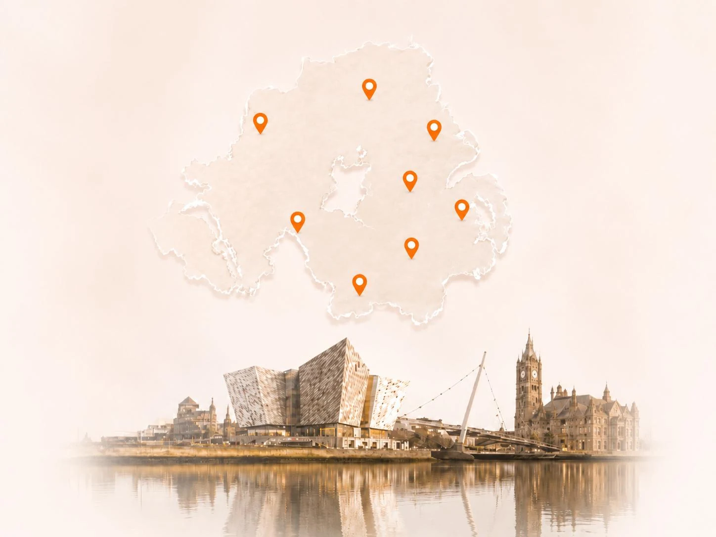 Map of Northern Ireland with location markers above the Belfast waterfront skyline.