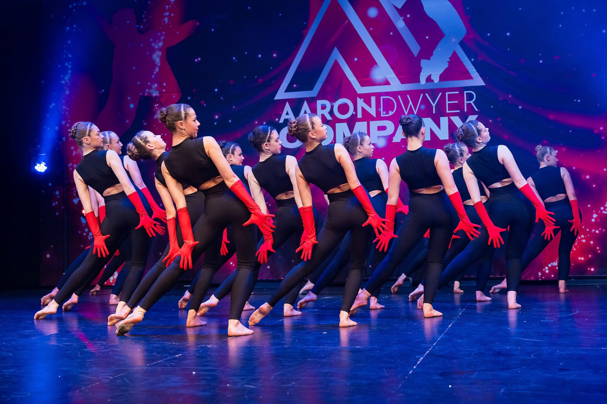 Dancers in black costumes and red gloves performing in front of the Aaron Dwyer Company backdrop.