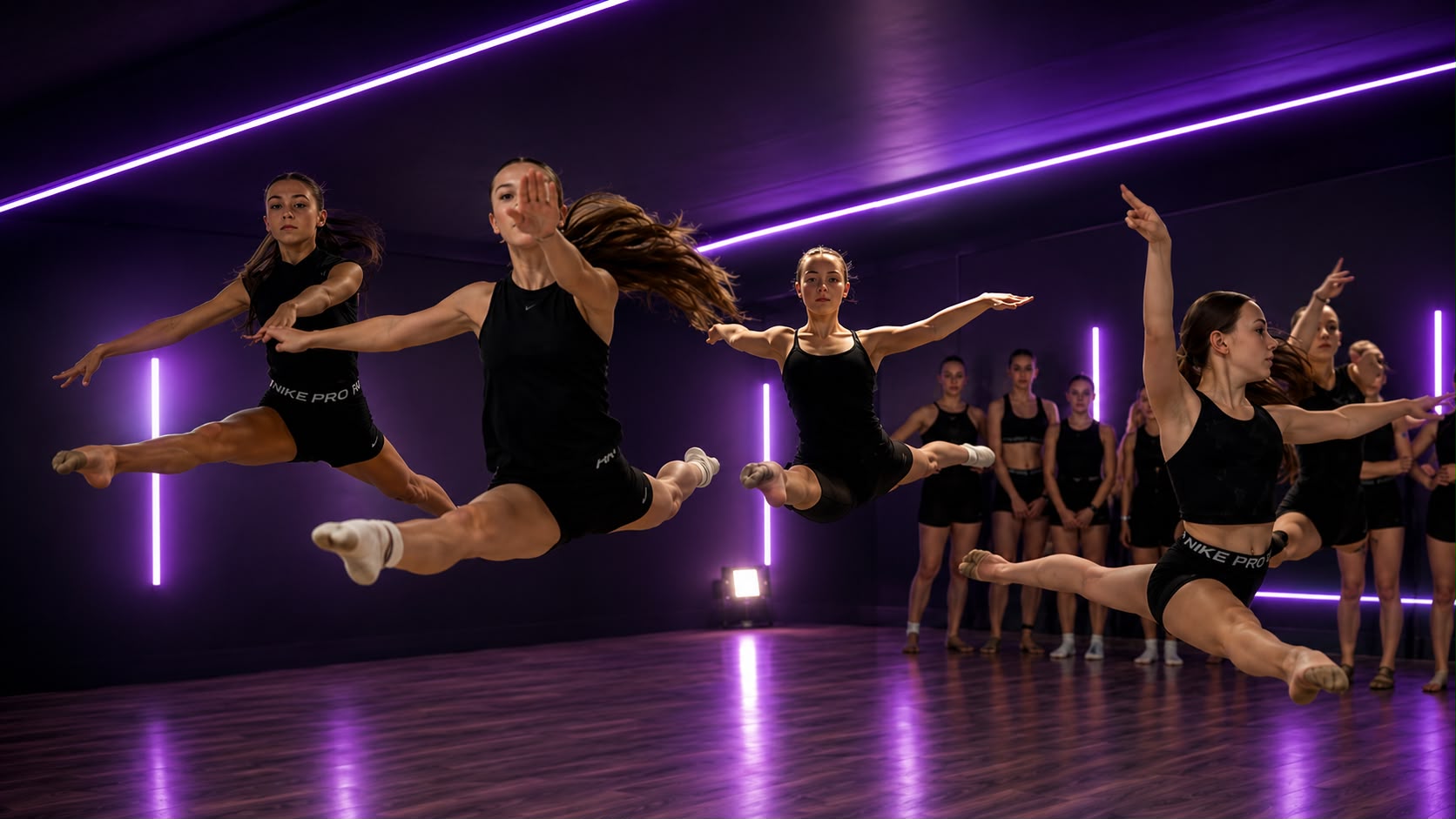 Dancers training together in a purple-lit studio during an AD Intensive.